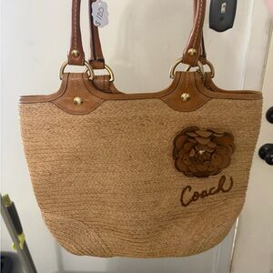 Coach Straw Bleeker Tote with Leather Trim and Floral Accent - Tan